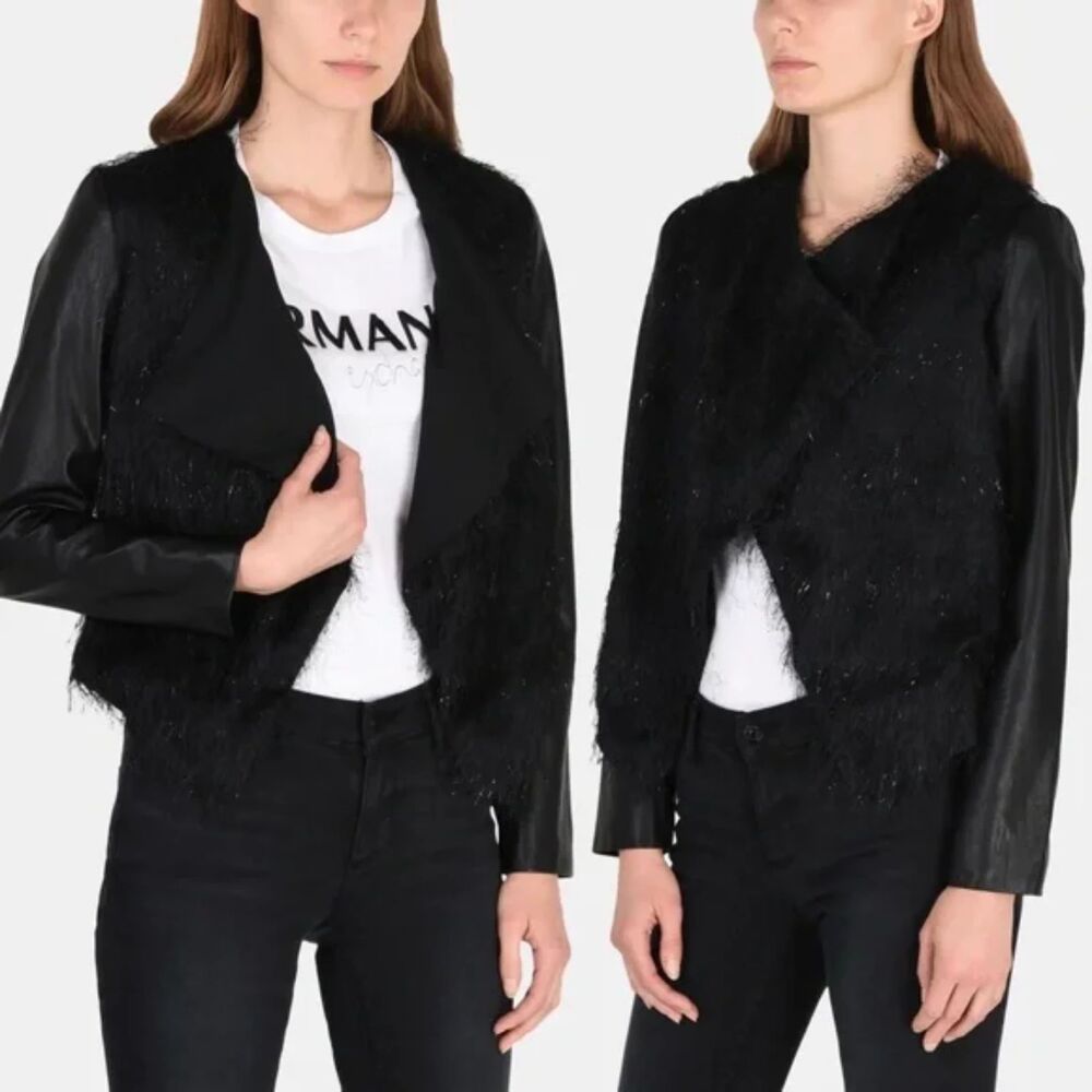 Armani Exchange Faux Leather Sparkle Fringe Cascade Jacket Open Size 6 Black
